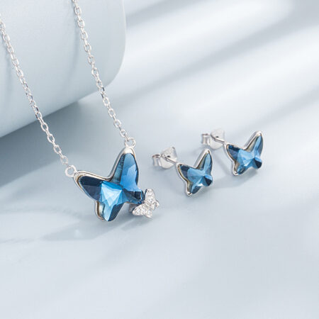 s925 silver ,stoned blue butterfly  pendant necklace set