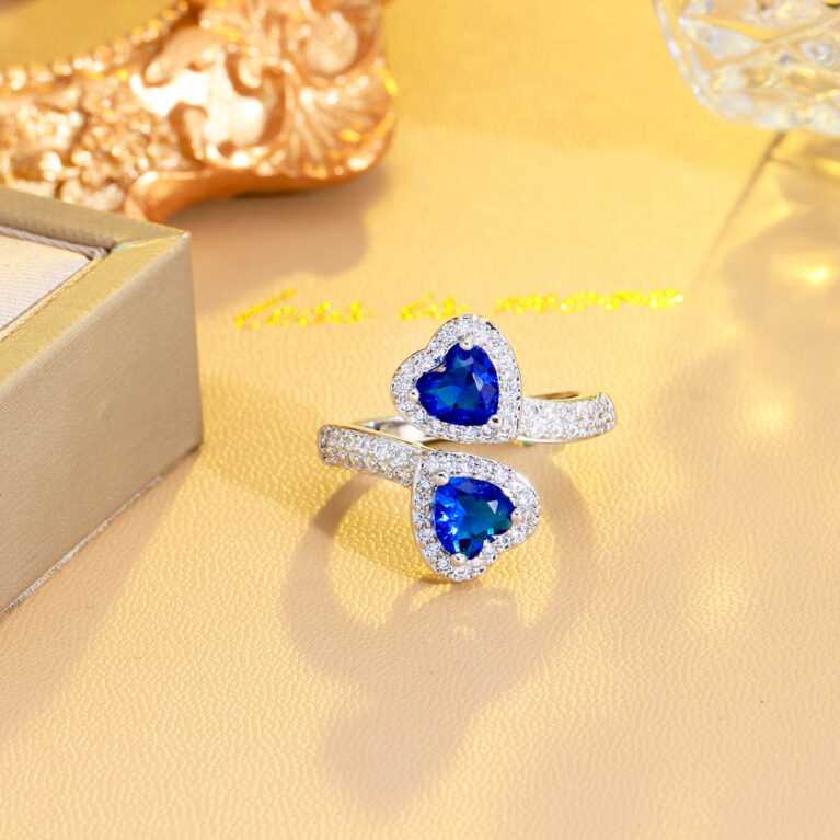 Royal blue cubic zirconia double heart open ring