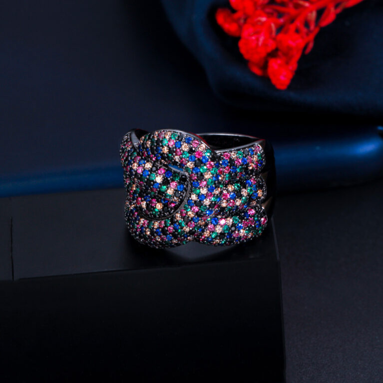 CZ multi colour stoned geometric snake ring