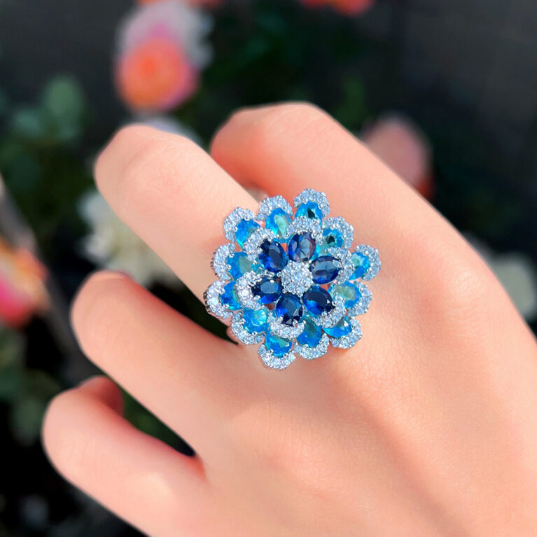Blue cubic zircon stoned flower ,adjustable ring