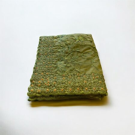 Elegant Sage Green Lightweight Net Saree with Floral Embroidery & Bead Work