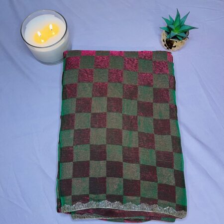 Crushed Zardosi Saree in Olive Green & Peach Checks with Antique Gold Border | Lightweight Saree