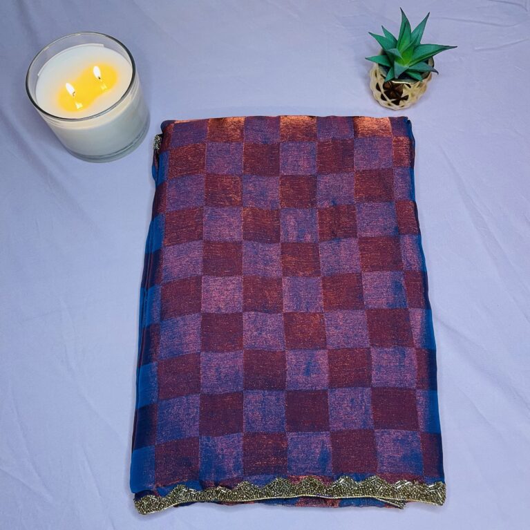 Crushed Zardosi Saree in Rust & Purple Checks with Antique Gold Border | Lightweight Saree