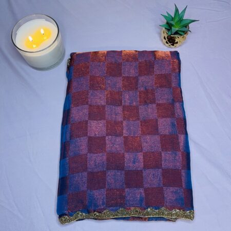 Crushed Zardosi Saree in Rust & Purple Checks with Antique Gold Border | Lightweight Saree