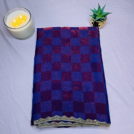 Crushed Zardosi Saree in Magenta & Purple Checks with Antique Gold Border | Lightweight Saree