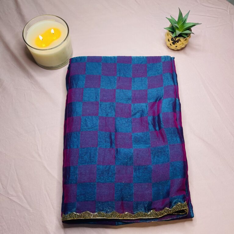 Crushed Zardosi Saree in Teal & Magenta Checks with Antique Gold Border | Lightweight Saree