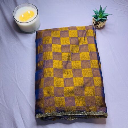 Crushed Zardosi Saree in Mustard & Purple Checks with Antique Gold Border | Lightweight Saree