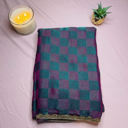 Crushed Zardosi Saree in Teal & Wine Checks with Antique Gold Border | Lightweight Saree