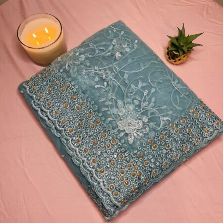 Elegant Aqua Blue Lightweight Net Saree with Floral Embroidery & Bead Work