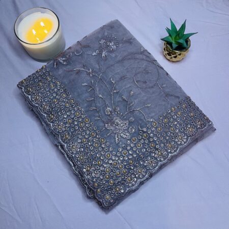 Elegant Blush Pink Lightweight Net Saree with Floral Embroidery & Bead Work