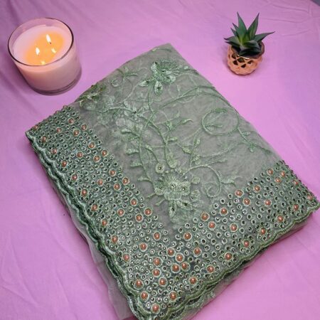 Elegant Sage Green Lightweight Net Saree with Floral Embroidery & Bead Work