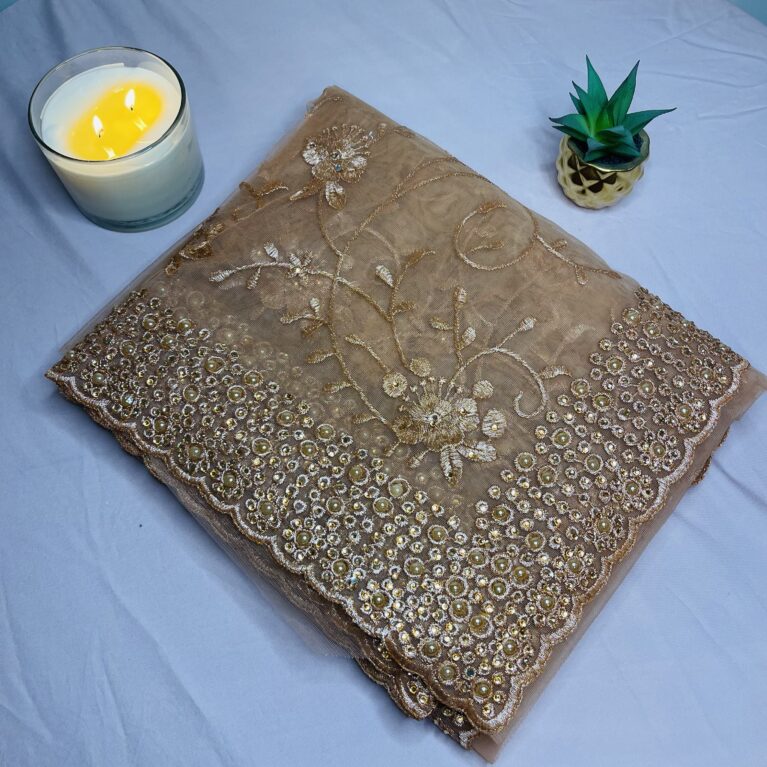 Elegant Copper Brown / Warm Mocha Lightweight Net Saree with Floral Embroidery & Bead Work