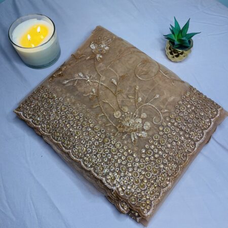 Elegant Copper Brown / Warm Mocha Lightweight Net Saree with Floral Embroidery & Bead Work