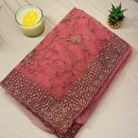 Elegant rose pink / blush pink Lightweight Net Saree with Floral Embroidery & Bead Work