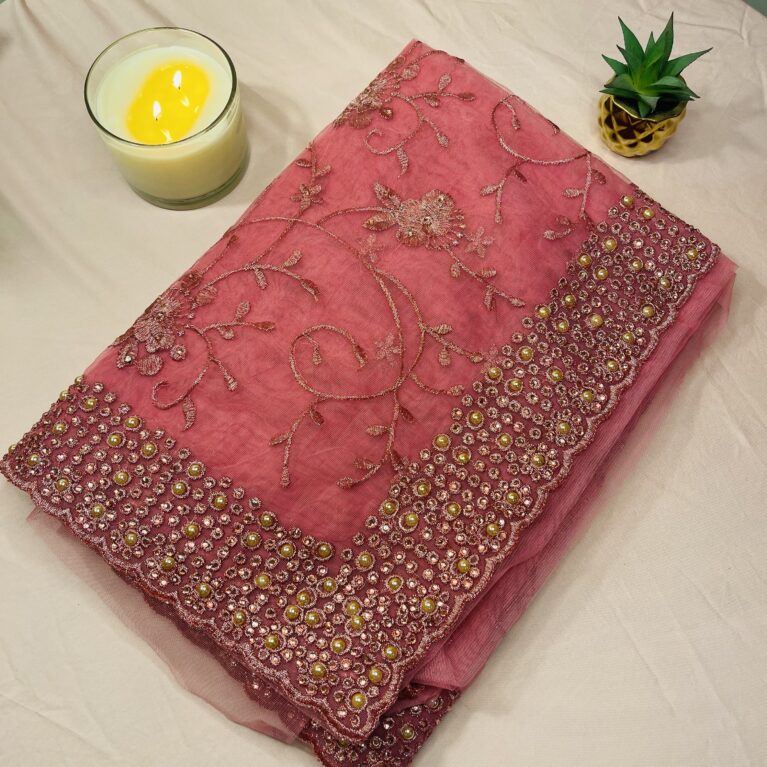 Elegant rose pink / blush pink Lightweight Net Saree with Floral Embroidery & Bead Work