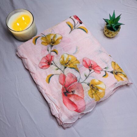 Semi Linen Floral Print Lightweight Saree | Soft Pastel Pink Summer Wear Saree with Elegant Flower Design