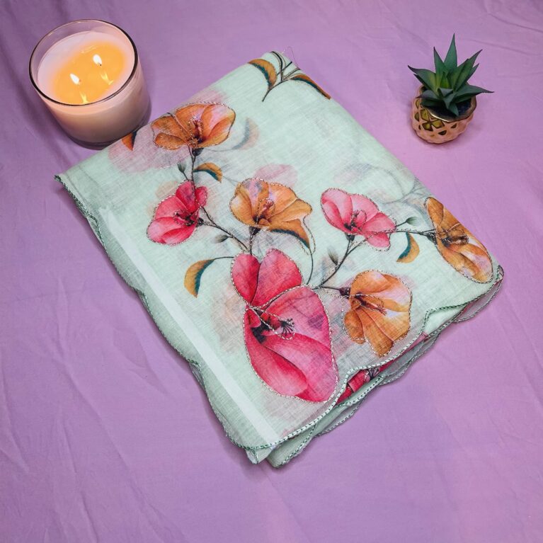 Semi Linen Floral Print Lightweight Saree | Soft Pastel Mint Green Summer Wear Saree with Elegant Flower Design