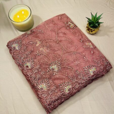 Dusty Rose Pink Net Cotta Embroidered Saree with Beads Work | Lightweight Designer Saree with Blouse Piece