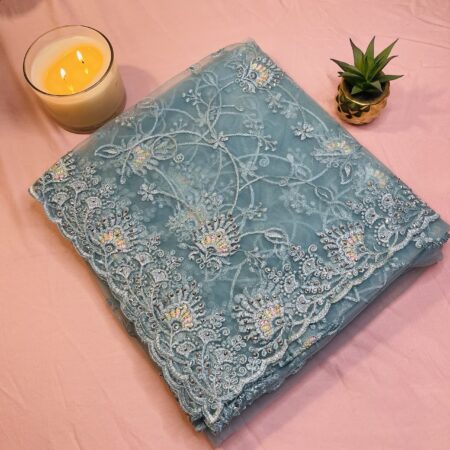 Aqua blue Net Cotta Embroidered Saree with Beads Work | Lightweight Designer Saree with Blouse Piece