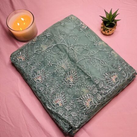 Sea Green Net Cotta Embroidered Saree with Beads Work | Lightweight Designer Saree with Blouse Piece