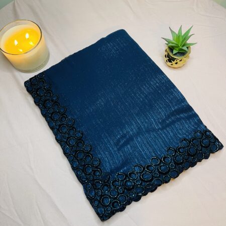 Teal Blue Shimmer Saree with Velvet Round Work Border | Lightweight Party Wear Saree with Blouse Included
