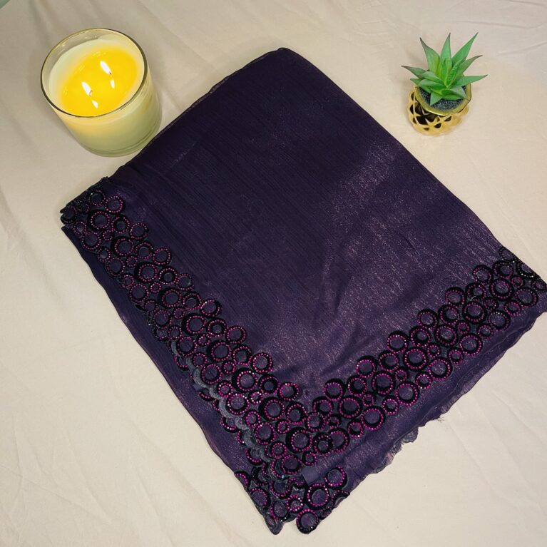 Wine Purple Shimmer Saree with Velvet Round Work Border | Lightweight Party Wear Saree with Blouse Included
