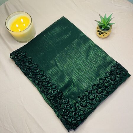 Emerald Green Shimmer Saree with Velvet Round Work Border | Lightweight Party Wear Saree with Blouse Included