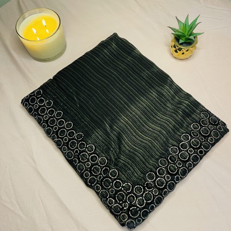 Charcoal Black Shimmer Saree with Velvet Round Work Border | Lightweight Party Wear Saree with Blouse Included