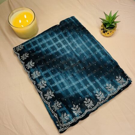 Premium Chiffon Saree for Women with Checks & Sugar Work | Stone Work Border Saree | Festive & Party Wear Lightweight Designer Saree