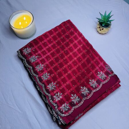 Premium Chiffon Saree for Women with Checks & Sugar Work | Stone Work Border Saree | Festive & Party Wear Lightweight Designer Saree