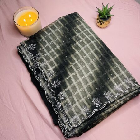 Premium Chiffon Saree for Women with Checks & Sugar Work | Stone Work Border Saree | Festive & Party Wear Lightweight Designer Saree