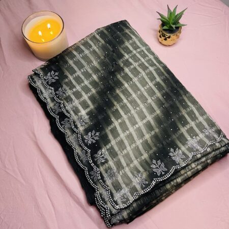 Premium Chiffon Saree for Women with Checks & Sugar Work | Stone Work Border Saree | Festive & Party Wear Lightweight Designer Saree