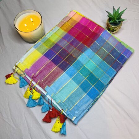 Multicolor Rainbow Printed Mul Cotton Saree with Checks Pattern & Tassel Pallu