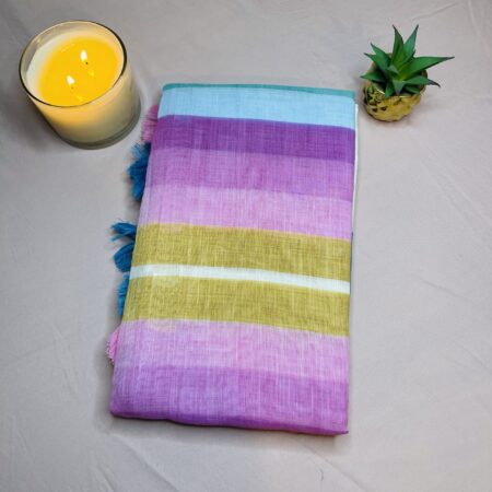 Multi Colour Chanderi Cotton Silk Saree with Contrast Striped Border