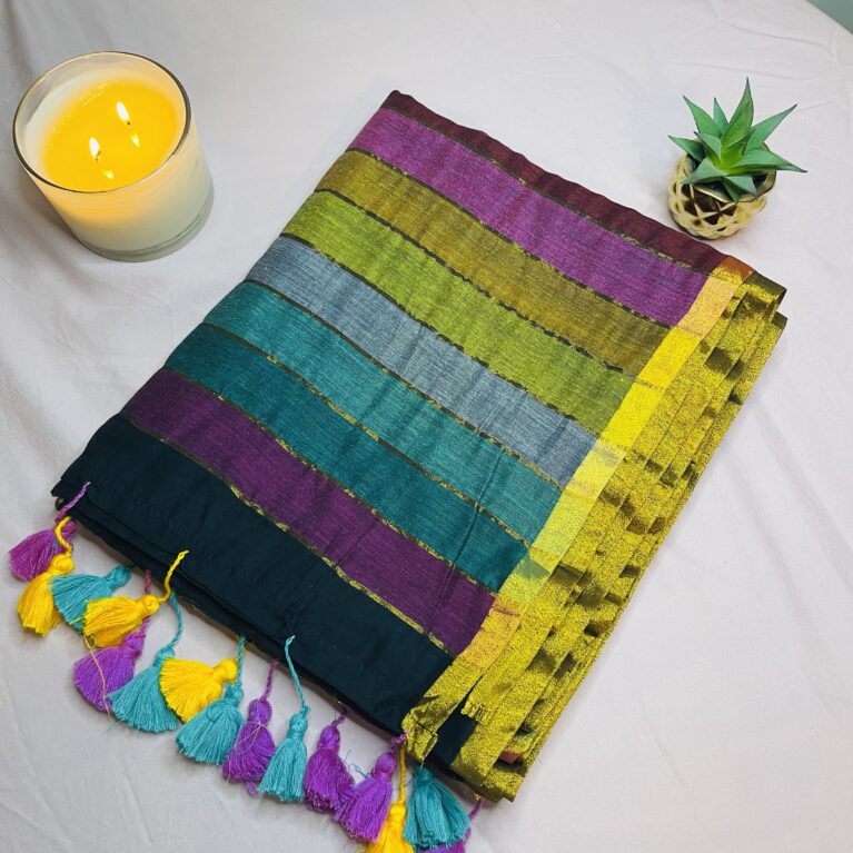 Multicolor Rainbow Printed Mul Cotton Saree with Checks Pattern & Tassel Pallu