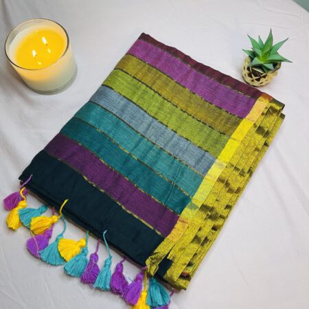 Multicolor Rainbow Printed Mul Cotton Saree with Checks Pattern & Tassel Pallu