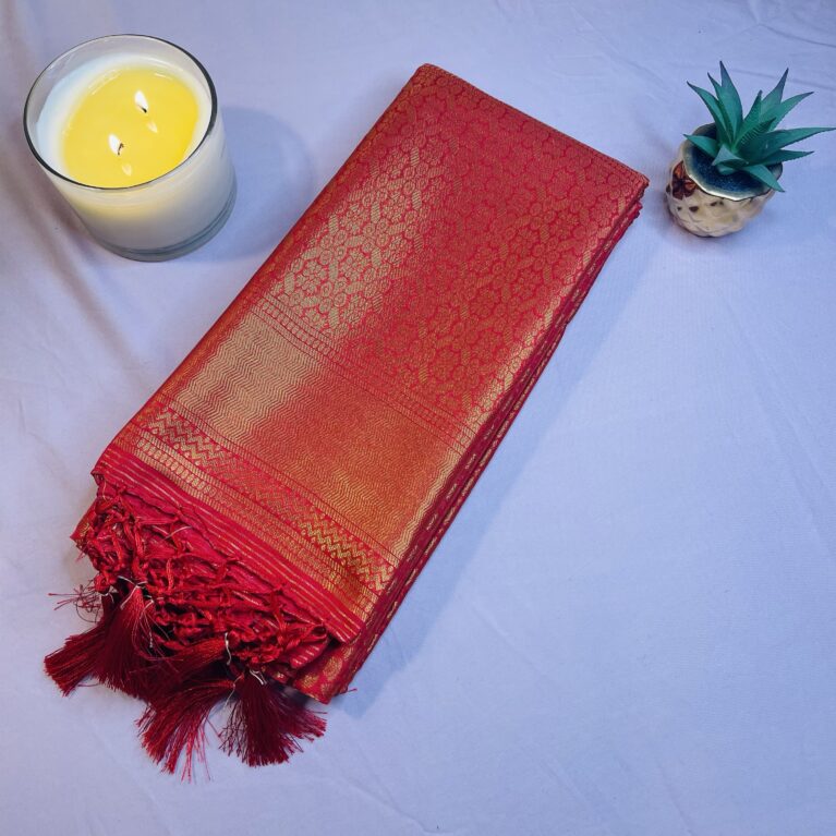 Shimmering Copper Soft Silk Saree in Deep Red with Woven Design | Blouse Included | Festive & Wedding Wear