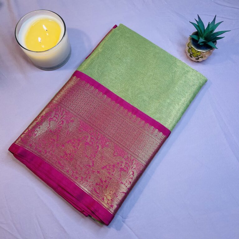 Banana Green Tissue Silk Saree with Magenta Woven Border | Blouse Included | Festive & Traditional Wear
