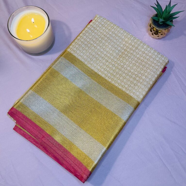 Golden Tissue Silk Saree with Contrast Woven Border | Blouse Included | Festive & Traditional Wear