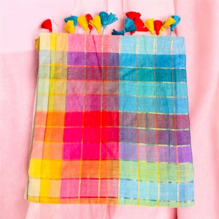 Multicolor Rainbow Printed Mul Cotton Saree with Checks Pattern & Tassel Pallu