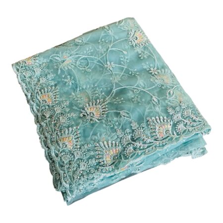 Sea Green Net Cotta Embroidered Saree with Beads Work | Lightweight Designer Saree with Blouse Piece