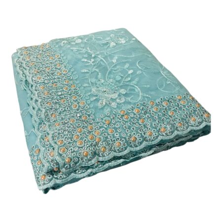 Elegant Aqua Blue Lightweight Net Saree with Floral Embroidery & Bead Work