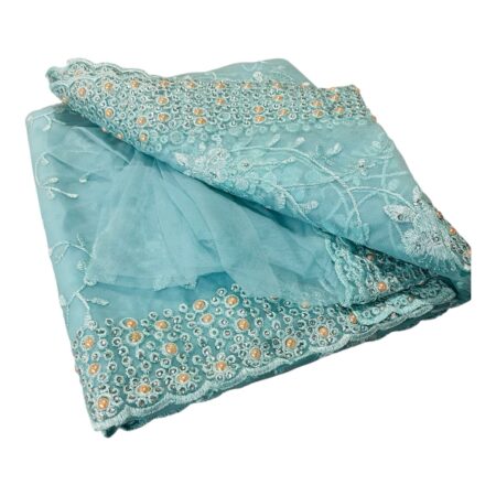 Elegant Aqua Blue Lightweight Net Saree with Floral Embroidery & Bead Work