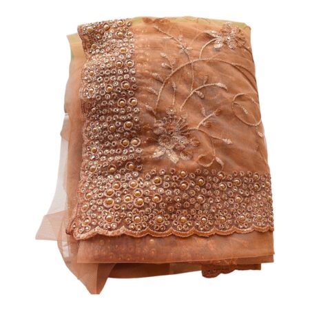 Elegant Copper Brown / Warm Mocha Lightweight Net Saree with Floral Embroidery & Bead Work