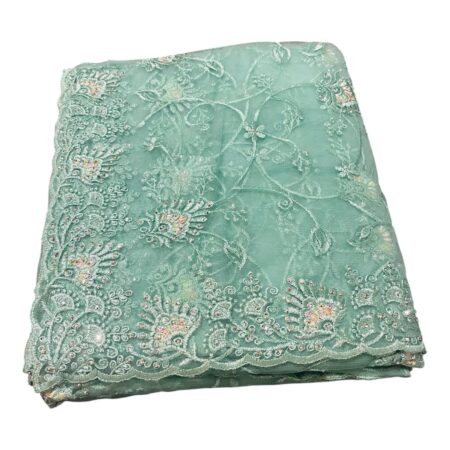 Sea Green Net Cotta Embroidered Saree with Beads Work | Lightweight Designer Saree with Blouse Piece