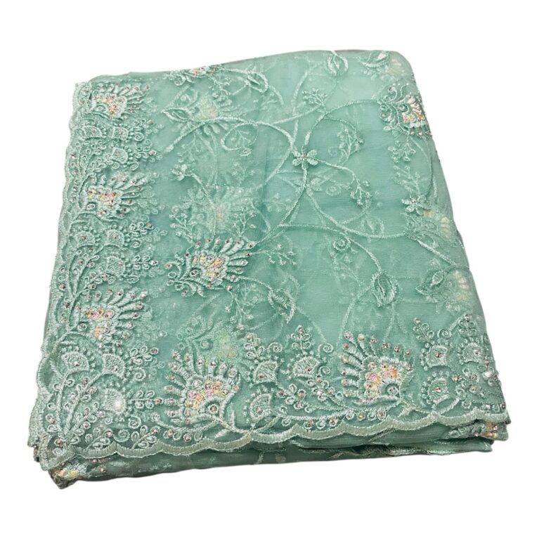 Sea Green Net Cotta Embroidered Saree with Beads Work | Lightweight Designer Saree with Blouse Piece
