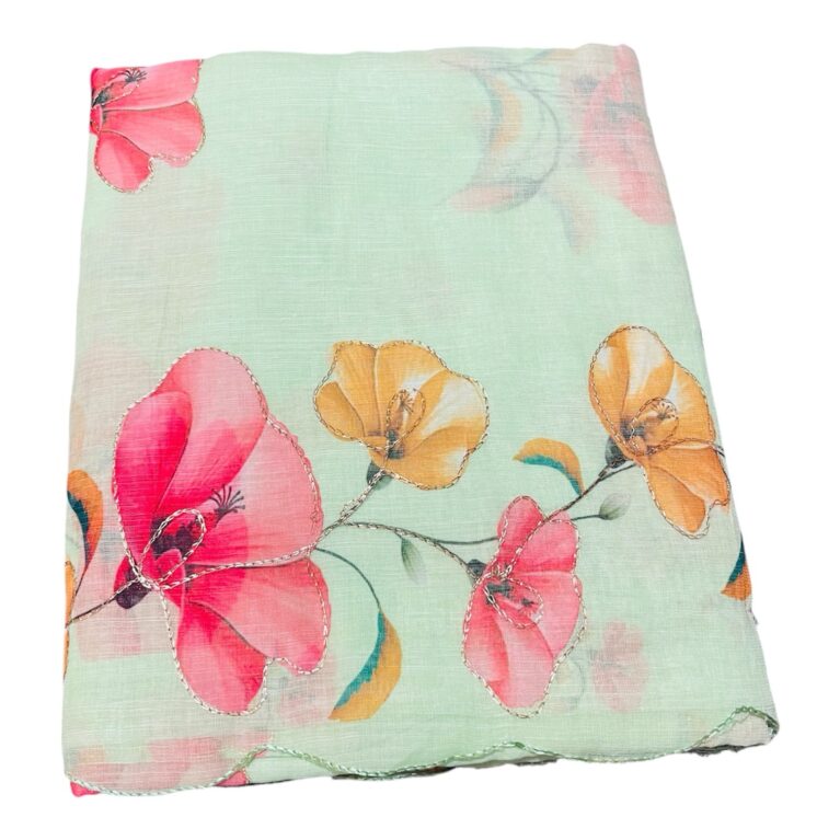 Semi Linen Floral Print Lightweight Saree | Soft Pastel Mint Green Summer Wear Saree with Elegant Flower Design