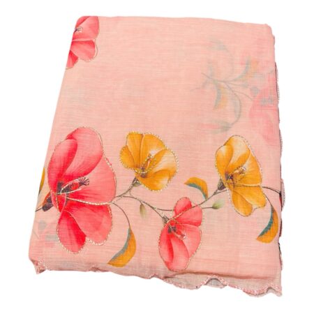 Semi Linen Floral Print Lightweight Saree | Soft Pastel Pink Summer Wear Saree with Elegant Flower Design