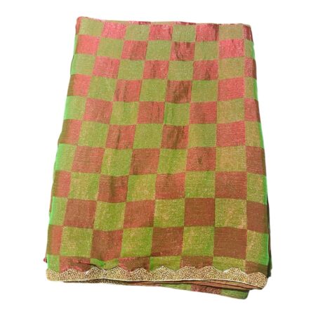 Crushed Zardosi Saree in Olive Green & Peach Checks with Antique Gold Border | Lightweight Saree