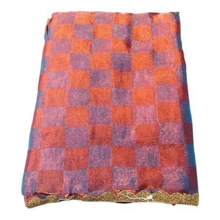 Crushed Zardosi Saree in Rust & Purple Checks with Antique Gold Border | Lightweight Saree